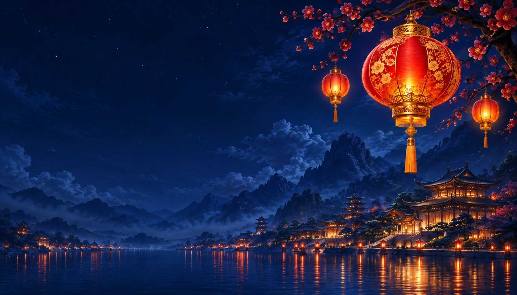 Red and gold lanterns above a moonlit mountain landscape and an illuminated palace
