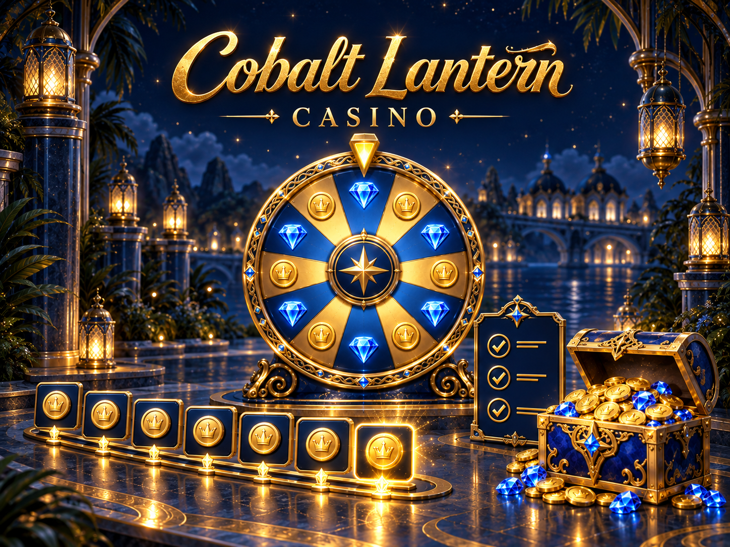 Seven daily login reward tiles, a blue-and-gold daily prize wheel, and a mission checklist beside a weekly reward chest